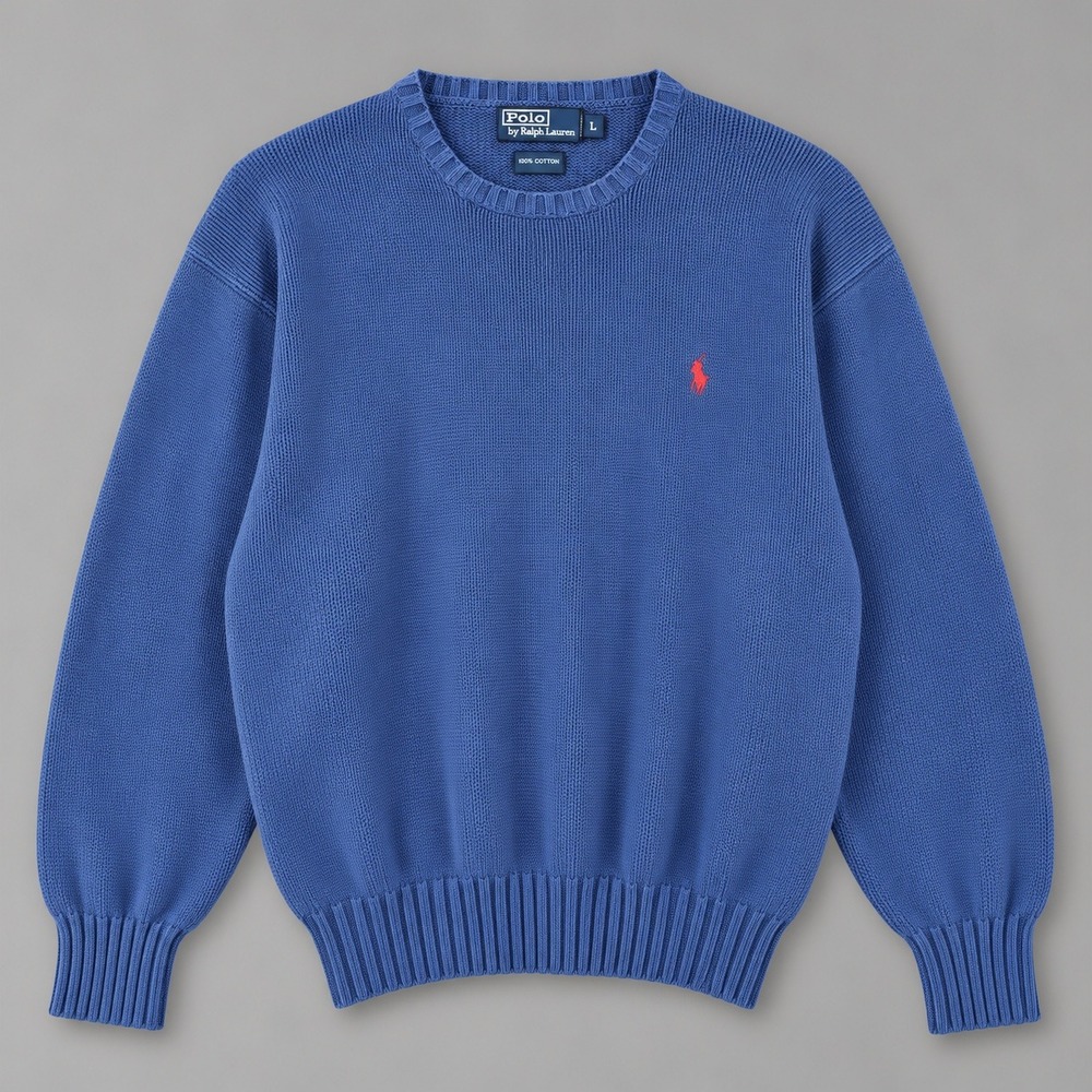 Polo Ralph Lauren Mens Vintage Blue Cotton Knit Crewneck Sweater Red Pony